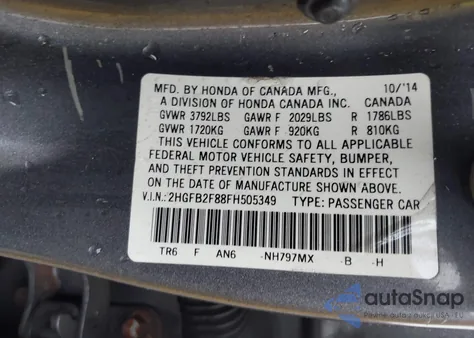 2015 Honda Civic Ex z USA, uszkodzony, nr VIN 2HGFB2F88FH505349